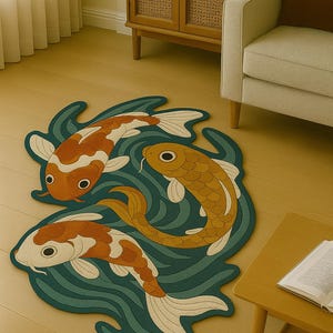 Artistic koi fish floor rug displayed in a cozy living room with warm neutral tones and wooden furniture