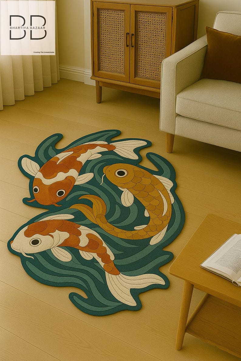 Artistic koi fish floor rug displayed in a cozy living room with warm neutral tones and wooden furniture
