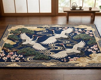 Hand Tufted Wool Rug – Navy Blue Japanese Crane Cherry Blossom Design