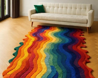 Handgetufteter Wollteppich - Gewelltes Regenbogen Abstraktes Design, Funky Home Decor