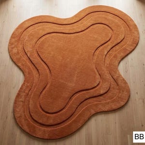 May include: A rust-colored, abstract-shaped rug with a layered design. The rug has a soft, plush texture and a unique, organic form. The rug is placed on a light-colored wooden floor.