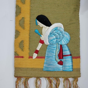 Handmade Fabric Wall Hanging – Elegant Woman in Traditional Dress – Embroidered Textile Art for Boho or Ethnic Home Decor – 20x26” Tapestry