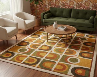 Mid Century Modern Wool Area Rug, Retro Geometric Design