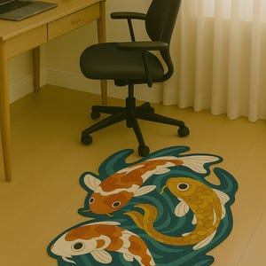 Carp-themed tufted rug featured in a minimalist home office space with light wood floors and a work desk
