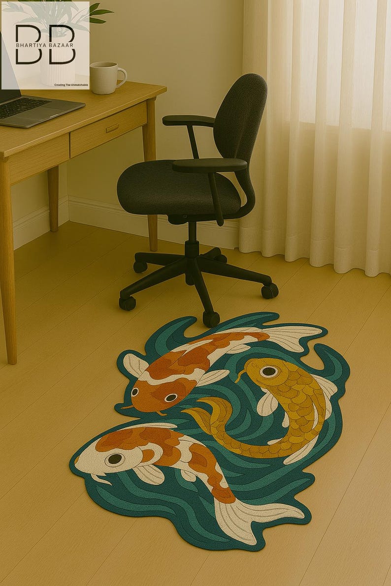 Carp-themed tufted rug featured in a minimalist home office space with light wood floors and a work desk