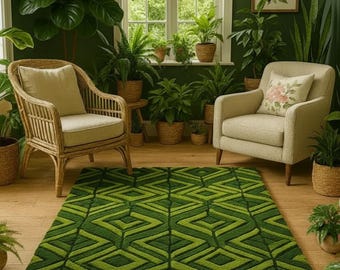 Handgetufteter moosgrüner Wollteppich | Geometrisches, botanisches Design