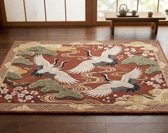 Oriental Hand-Tufted Wool Rug - Red Gold Crane Design for Stylish Zen Home Decor