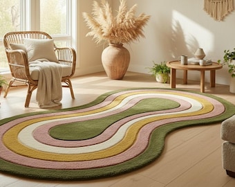 Alfombra de lana tejida a mano, con formas abstractas, diseño ondulado retro de los años 70, alfombra irregular y moderna, alfombra verde mostaza, decoración estética para habitaciones.