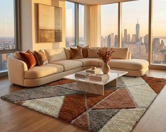 Scandinavian Geometric Shag Wool Rug – Rust & Grey Triangle Pattern for Modern Living Room Decor