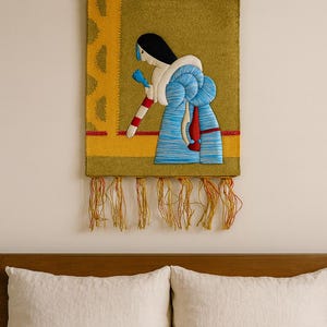 Handmade Fabric Wall Hanging – Elegant Woman in Traditional Dress – Embroidered Textile Art for Boho or Ethnic Home Decor – 20x26” Tapestry