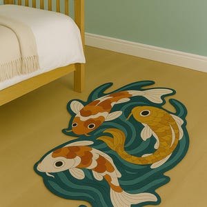 Whimsical koi fish rug placed beside a wooden bed in a modern kids' room with minimalist decor