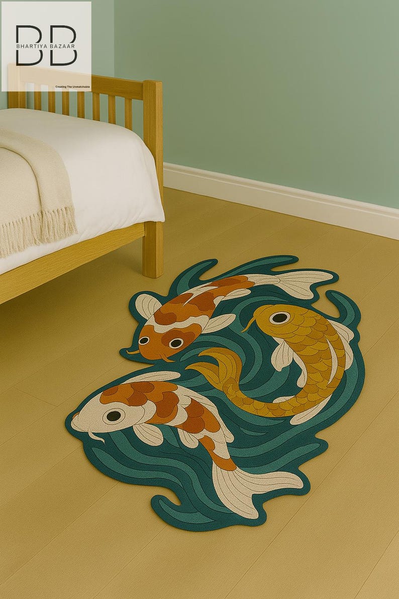 Whimsical koi fish rug placed beside a wooden bed in a modern kids' room with minimalist decor