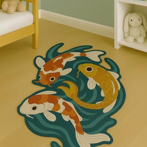 Koi fish rug placed in a soft-toned nursery with plush toys, light wood flooring, and calming decor