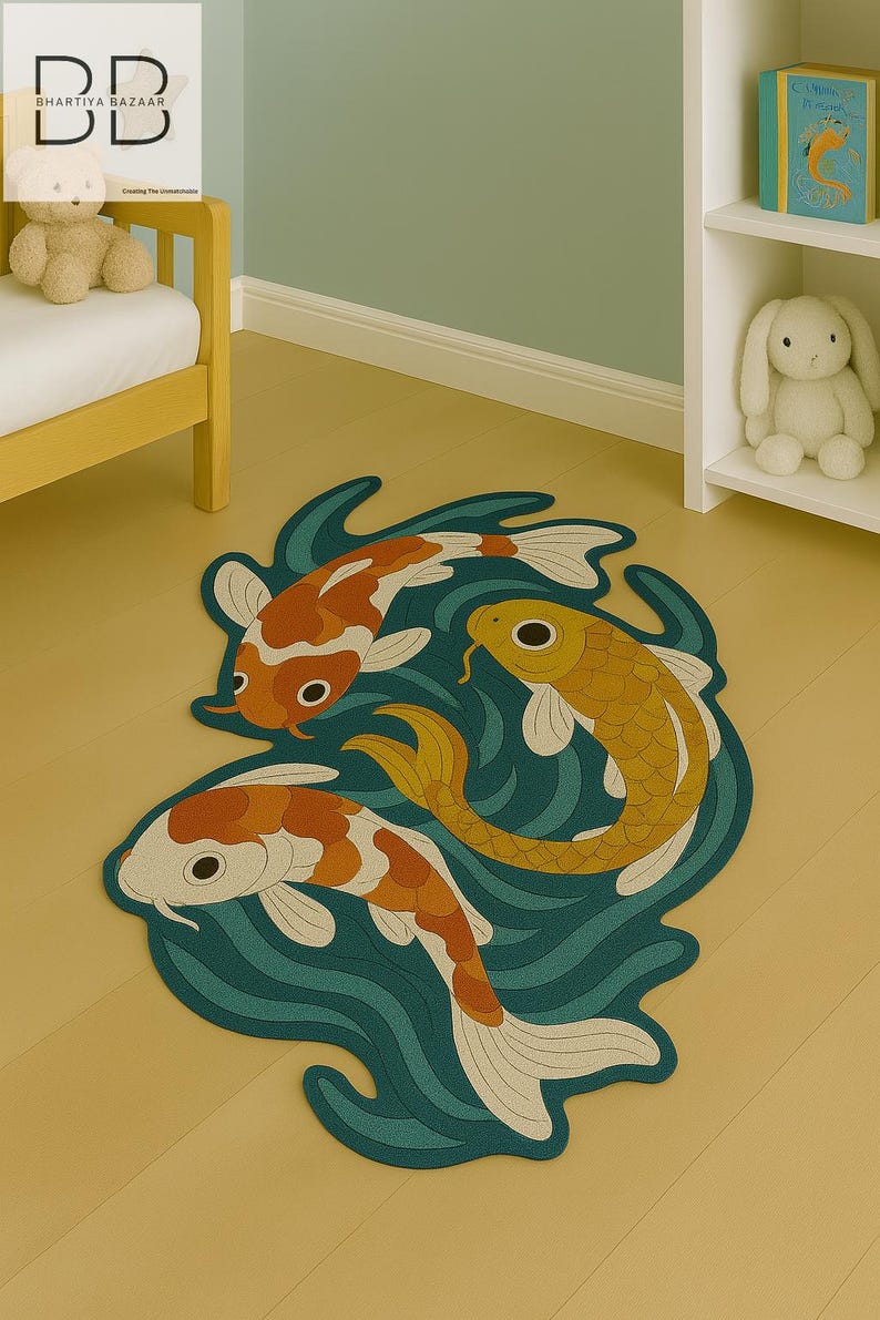 Koi fish rug placed in a soft-toned nursery with plush toys, light wood flooring, and calming decor