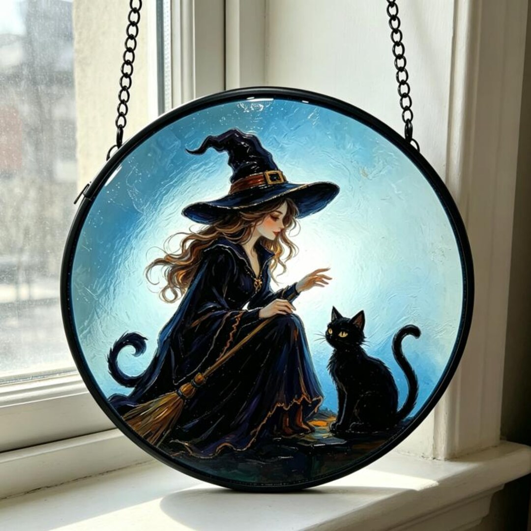Witchy Black Cat Stained Glass Window Hanging, Halloween Sun Catcher ...