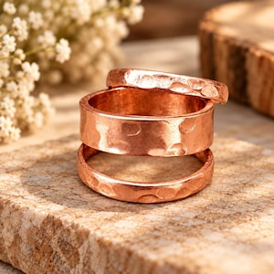 Pure Copper Stacking Rings, Hammered Wedding Band Set, Unisex Boho Meditation Wide Ring