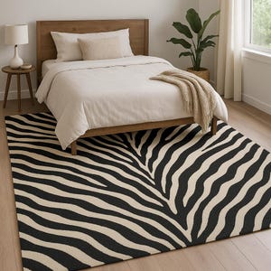 Luxury Handmade Tufted Rug – Wool Blend Zebra Stripe Carpet in Black & Cream 5x8 ft