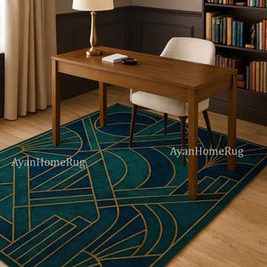 Art Deco Tufted Wool Rug: Geometric Blue & Green with Gold Accents