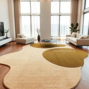 Abstract Wavy Wool Rug: Beige & Mustard Yellow, Hand-Tufted