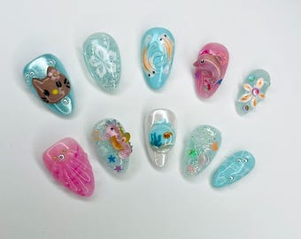 Kawaii Summer Press On Nails, Handcrafted Press On Nails, Girly Nails, 3D Nail Art, Cute Beach Nails