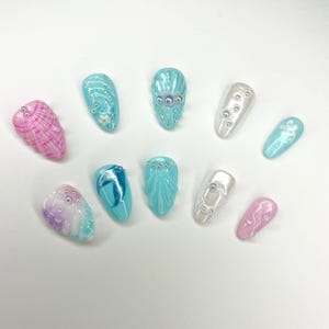 Mermaid Nails, Ocean Nails, Aesthetic Nails, Pearl Nails, 3D Art, Chrome Nails, Pastel Nails, Girly Nails, Press On Nails, Handmade Nails