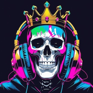 Neon Graffiti DJ Skull mit Krone – Digital Art für T-Shirts, Aufkleber & Drucke