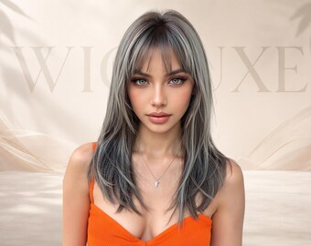 14 Inch Gray Layered Wig, Silver Gray Medium Straight Wig with Bangs