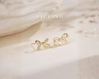 Gold Bow Stud Earrings, Elegant Crystal Ribbon Earrings For Women, Dainty Sparkling Bowknot Jewellery Earrings, Gift For Her