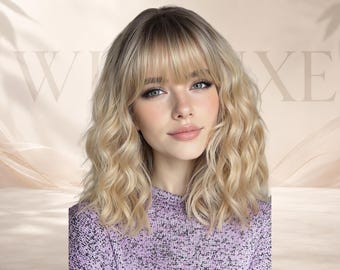 Ombre Blond Krótkie Falowane Peruki z Grzywką
