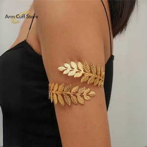 Gold Leaf Arm Cuff Bracelet for Women – Adjustable Grecian Laurel Statement Jewelry, Boho Nature Inspired Gift, Bold Golden Arm Band