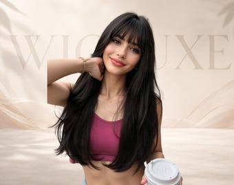 18 Inch Black Straight Wig with Bangs, Long Sleek Black Wig for Women