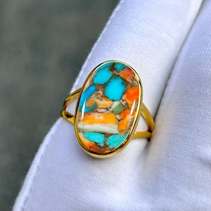 Oyster Turquoise Statement Ring: 18k Gold Plated 925 Sterling Silver Ring, Women Dainty Jewelry