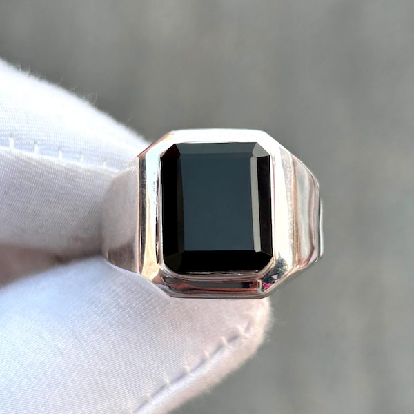 Black Onyx Sterling Silver Signet Ring: Statement Jewelry, Bohemian Band for Wedding, Men's Gift