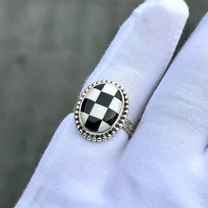 Checkered Black Onyx & Opal Ring: 925 Sterling Silver Band