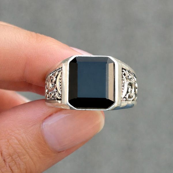 Men's Black Onyx Ring: 925 Sterling Silver, Bohemian Stylish Ring, Designer Statement Jewelry