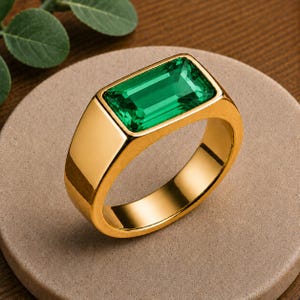 Herrring med smaragdsignet, förgyllt 925 sterlingsilver, förlovningsring, rektangulära ädelstensmycken