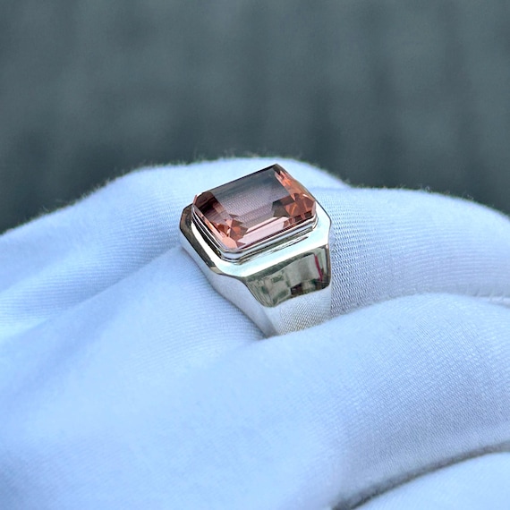 Morganite Signet Ring: 925 Sterling Silver Bohemian Statement Jewelry