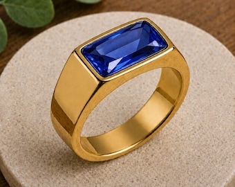 Blue Sapphire Baguette Cut Ring, Gold Plated-925 Sterling Silver, Men's Wedding Ring, Statement Jewelry
