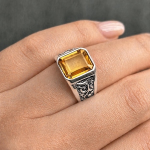 Citrin Boho Herrring: 925 Sterling Silver, Texturerad Bandring, Snygga Statement-smycken