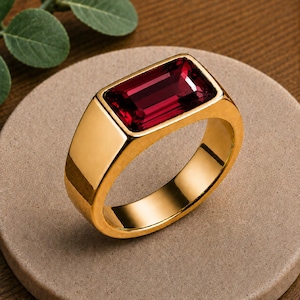 Red Garnet Baguette Cut Ring, Gold Plated-925 Sterling Silver, Men's Engagement Ring, Statement Jewelry