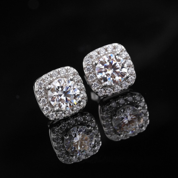 Cushion Halo Moissanite Stud Earrings, Round Cut D Color VVS1, 925 Silver Classic Elegant Jewelry Gift For Women