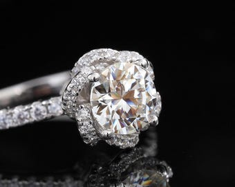 Floral Halo Moissanite Ring, Flower Engagement Ring for Women, Silver Jewelry Gift, Anniversary or Proposal Ring