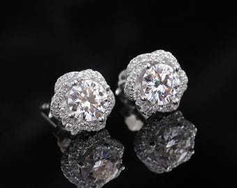 Rose Halo Moissanite Stud Earrings, D Color VVS1 Round Cut, 925 Silver Floral Elegant Jewelry Gift For Women