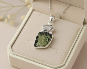 Colgante de moldavita y diamante Herkimer, colgante de plata de ley 925, cristal curativo de la República Checa, colgante de piedra energética, regalo para mamá.