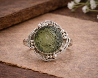 Raw Moldavite Ring, 925 Sterling Silver 10mm Round Green Gemstonez, Statement Ring, Handmade Jewelry, women ring, Czech Republic Moldavite,