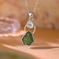Genuine Moldavite & Herkimer Diamond Pendant, 925 Sterling Silver, Czech Moldavite Healing Crystal, Raw Stone Energy Pendant, Gift For Her