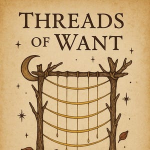 以下が含まれることがあります： 「THREADS OF WANT」のテキストが入ったイラスト。三日月、木、金色の糸のウェブが描かれた構造の図です。下のテキストは「あなたが欲しいものはすでに届いています。これがつながりになりますように。」