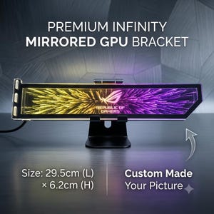 May include: A rectangular GPU bracket with a mirrored infinity display featuring a yellow and purple light effect and the Republic of Gamers logo. The bracket measures 29.5 cm in length and 6.2 cm in height, supported by a black stand.