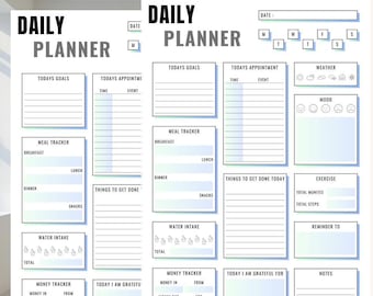 May include: A white daily planner with sections for goals, appointments, meal tracking, water intake, and money tracking. The planner includes space for notes and a mood tracker. The text "DAILY PLANNER" is at the top.