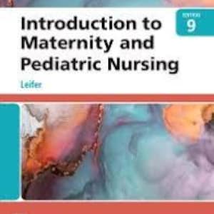 Puede incluir: Un libro de texto titulado "Introduction to Maternity and Pediatric Nursing" de Leifer. La portada presenta un diseño abstracto colorido en tonos de azul, naranja y morado, con un borde turquesa y rojo. La edición es la 9.